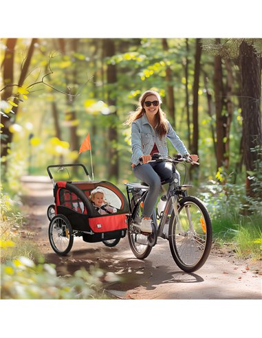 HOMCOM 2 Seat Bike Trailer with 5 Point Harness, Baby Bike Stroller with Safety Flag, Reflectors, for 18+ Months, Red