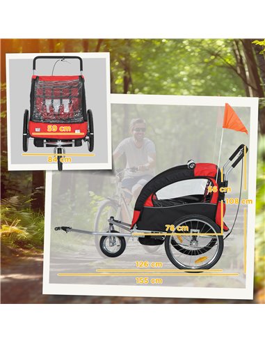 HOMCOM 2 Seat Bike Trailer with 5 Point Harness, Baby Bike Stroller with Safety Flag, Reflectors, for 18+ Months, Red