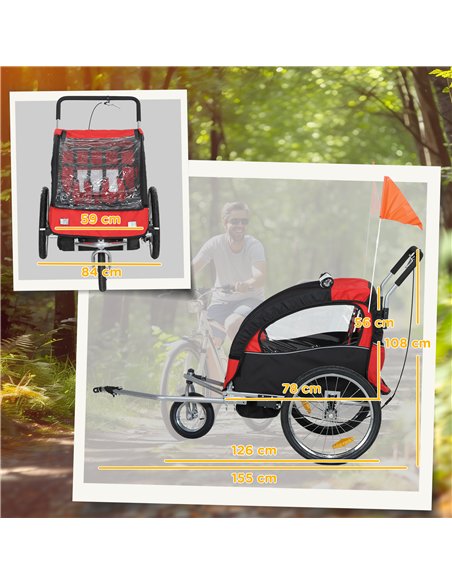 HOMCOM 2 Seat Bike Trailer with 5 Point Harness, Baby Bike Stroller with Safety Flag, Reflectors, for 18+ Months, Red - pic 154709 | FastDaddyshop