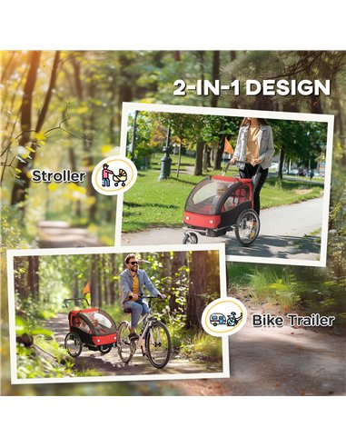 HOMCOM 2 Seat Bike Trailer with 5 Point Harness, Baby Bike Stroller with Safety Flag, Reflectors, for 18+ Months, Red
