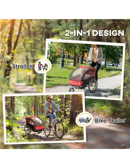 HOMCOM 2 Seat Bike Trailer with 5 Point Harness, Baby Bike Stroller with Safety Flag, Reflectors, for 18+ Months, Red - pic 154710 | FastDaddyshop