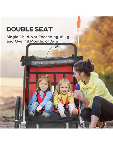 HOMCOM 2 Seat Bike Trailer with 5 Point Harness, Baby Bike Stroller with Safety Flag, Reflectors, for 18+ Months, Red