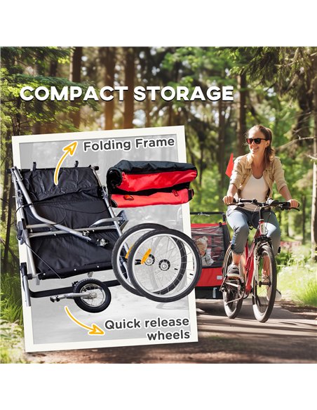 HOMCOM 2 Seat Bike Trailer with 5 Point Harness, Baby Bike Stroller with Safety Flag, Reflectors, for 18+ Months, Red - pic 154712 | FastDaddyshop