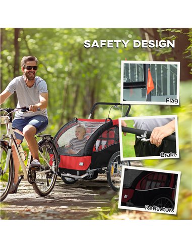 HOMCOM 2 Seat Bike Trailer with 5 Point Harness, Baby Bike Stroller with Safety Flag, Reflectors, for 18+ Months, Red