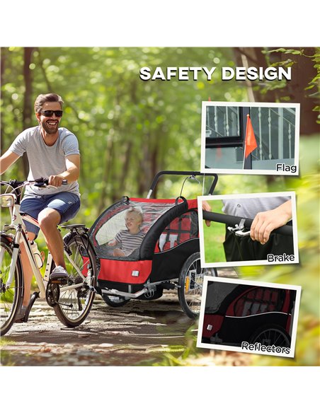 HOMCOM 2 Seat Bike Trailer with 5 Point Harness, Baby Bike Stroller with Safety Flag, Reflectors, for 18+ Months, Red - pic 154714 | FastDaddyshop