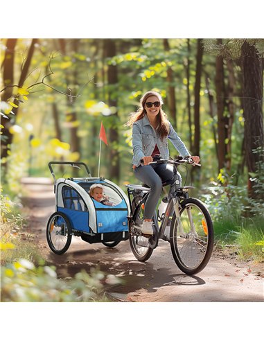 HOMCOM 2 Seat Bike Trailer with 5 Point Harness, Baby Bike Stroller with Safety Flag, Reflectors, for 18+ Months, Blue