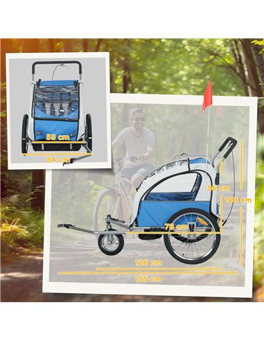 HOMCOM 2 Seat Bike Trailer with 5 Point Harness, Baby Bike Stroller with Safety Flag, Reflectors, for 18+ Months, Blue