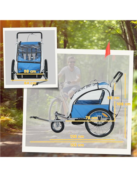HOMCOM 2 Seat Bike Trailer with 5 Point Harness, Baby Bike Stroller with Safety Flag, Reflectors, for 18+ Months, Blue - pic 154718 | FastDaddyshop