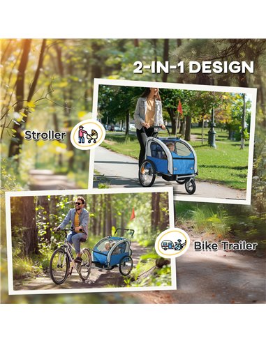 HOMCOM 2 Seat Bike Trailer with 5 Point Harness, Baby Bike Stroller with Safety Flag, Reflectors, for 18+ Months, Blue