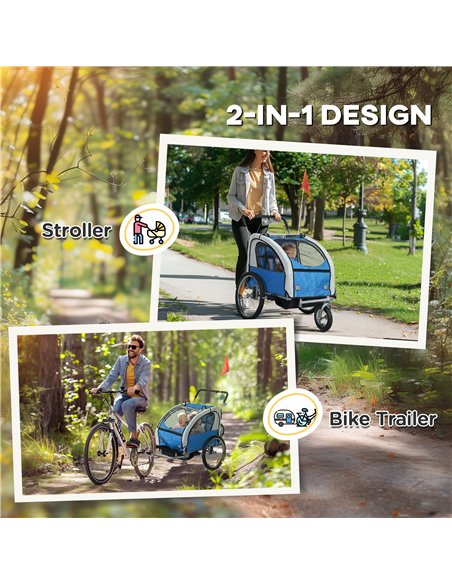 HOMCOM 2 Seat Bike Trailer with 5 Point Harness, Baby Bike Stroller with Safety Flag, Reflectors, for 18+ Months, Blue - pic 154719 | FastDaddyshop