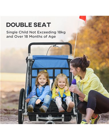 HOMCOM 2 Seat Bike Trailer with 5 Point Harness, Baby Bike Stroller with Safety Flag, Reflectors, for 18+ Months, Blue