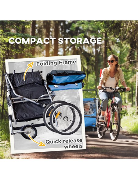 HOMCOM 2 Seat Bike Trailer with 5 Point Harness, Baby Bike Stroller with Safety Flag, Reflectors, for 18+ Months, Blue - pic 154721 | FastDaddyshop