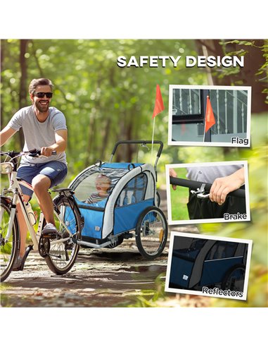 HOMCOM 2 Seat Bike Trailer with 5 Point Harness, Baby Bike Stroller with Safety Flag, Reflectors, for 18+ Months, Blue