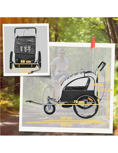 HOMCOM 2 Seat Bike Trailer with 5 Point Harness, Baby Bike Stroller with Safety Flag, Reflectors, for 18+ Months, Black