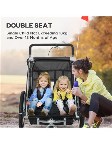 HOMCOM 2 Seat Bike Trailer with 5 Point Harness, Baby Bike Stroller with Safety Flag, Reflectors, for 18+ Months, Black