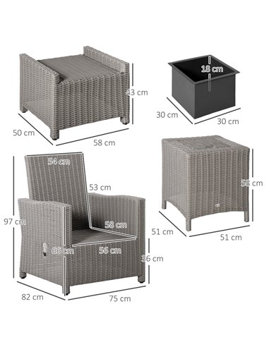 Outsunny 5 Pieces Outdoor PE Rattan Furniture with Chairs, Footstools, Coffee Table & Cover, Grey