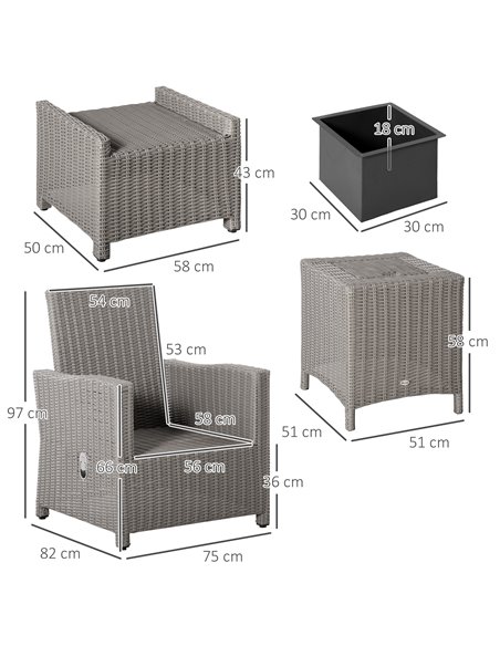 Outsunny 5 Pieces Outdoor PE Rattan Furniture with Chairs, Footstools, Coffee Table & Cover, Grey - pic 15477 | FastDaddyshop