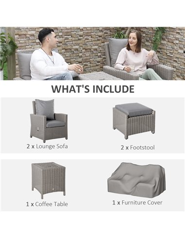 Outsunny 5 Pieces Outdoor PE Rattan Furniture with Chairs, Footstools, Coffee Table & Cover, Grey