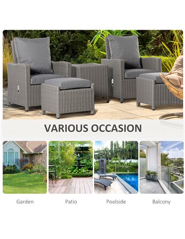 Outsunny 5 Pieces Outdoor PE Rattan Furniture with Chairs, Footstools, Coffee Table & Cover, Grey