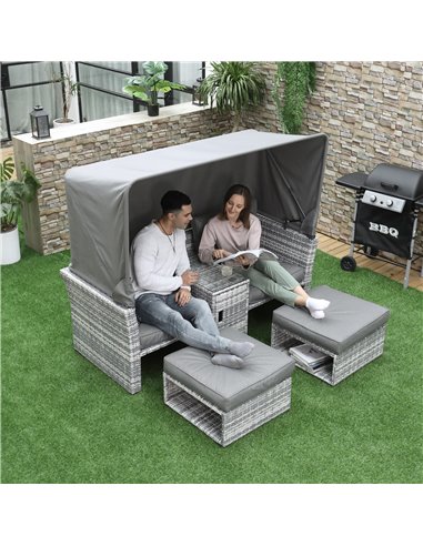 Outsunny 2-Seater Outdoor Rattan Daybed Sofa, Footstool, Coffee Table Set with Canopy, Grey