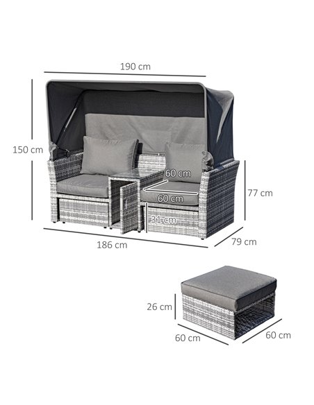 Outsunny 2-Seater Outdoor Rattan Daybed Sofa, Footstool, Coffee Table Set with Canopy, Grey - pic 15485 | FastDaddyshop
