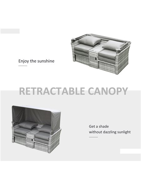 Outsunny 2-Seater Outdoor Rattan Daybed Sofa, Footstool, Coffee Table Set with Canopy, Grey - pic 15486 | FastDaddyshop