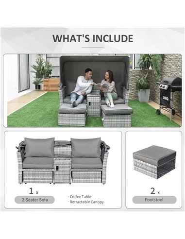 Outsunny 2-Seater Outdoor Rattan Daybed Sofa, Footstool, Coffee Table Set with Canopy, Grey
