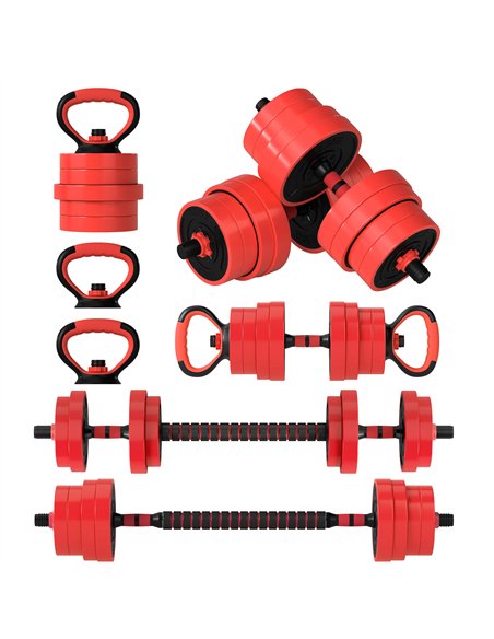 SPORTNOW 30kg Four-In-One Adjustable Weight Dumbbells Set, Barbell, Kettlebell, Push Up Stand - Red - pic 154905 | FastDaddyshop