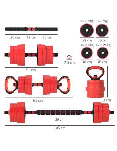 SPORTNOW 30kg Four-In-One Adjustable Weight Dumbbells Set, Barbell, Kettlebell, Push Up Stand - Red