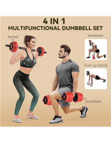 SPORTNOW 30kg Four-In-One Adjustable Weight Dumbbells Set, Barbell, Kettlebell, Push Up Stand - Red