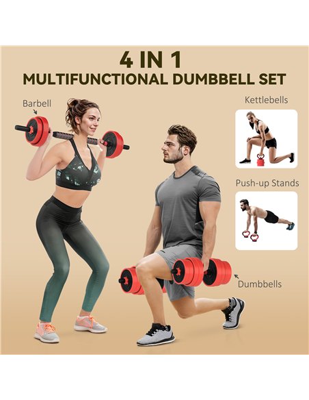 SPORTNOW 30kg Four-In-One Adjustable Weight Dumbbells Set, Barbell, Kettlebell, Push Up Stand - Red - pic 154908 | FastDaddyshop