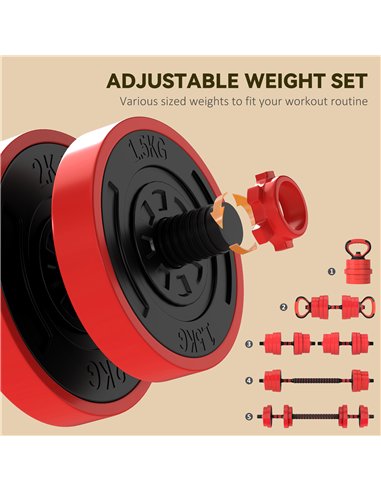 SPORTNOW 30kg Four-In-One Adjustable Weight Dumbbells Set, Barbell, Kettlebell, Push Up Stand - Red