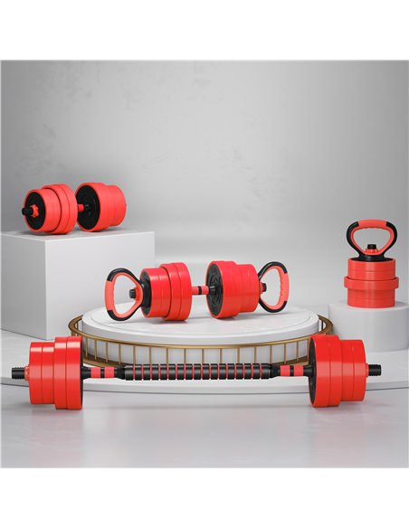 SPORTNOW 30kg Four-In-One Adjustable Weight Dumbbells Set, Barbell, Kettlebell, Push Up Stand - Red - pic 154912 | FastDaddyshop