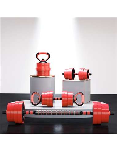 SPORTNOW 30kg Four-In-One Adjustable Weight Dumbbells Set, Barbell, Kettlebell, Push Up Stand - Red