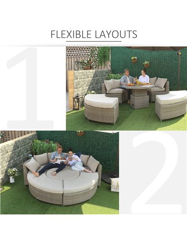 Outsunny 8-Seater Outdoor PE Rattan Patio Furniture Set Lounge Chair Round Daybed Liftable Coffee Table Conversation Set with Ol