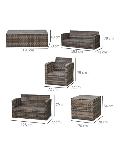 Outsunny 6 Piece Outdoor Rattan Sofa Set with Storage Table & Cushion, Mixed Brown