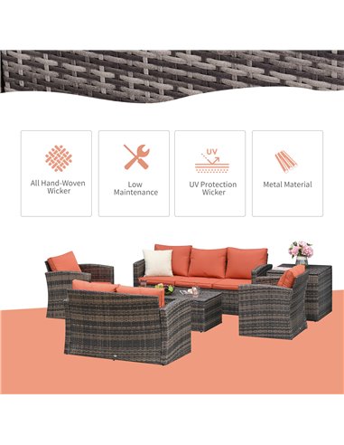 Outsunny 6 Piece Outdoor Rattan Sofa Set with Storage Table & Cushion, Mixed Brown