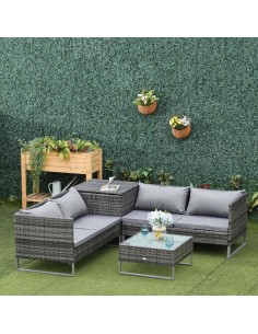 Outsunny 4 PCs Garden Rattan Corner Sofa and Table Set with Cushions, Mixed Grey 2