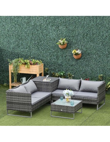 Outsunny 4 PCs Garden Rattan Corner Sofa and Table Set with Cushions, Mixed Grey