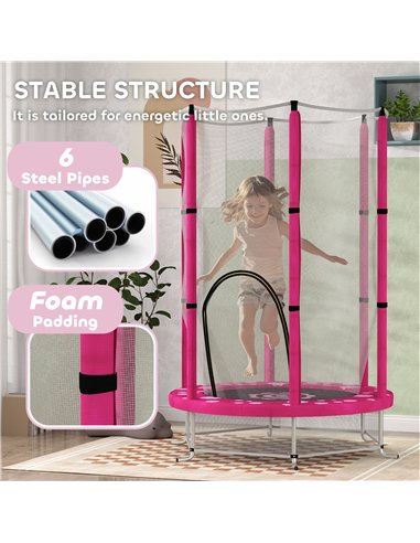 AIYAPLAY 4.6FT Toddler Trampoline w/ Safety Enclosure Net, for Indoor Outdoor Use, Ages 3-6 Years, Sun Pattern - Pink