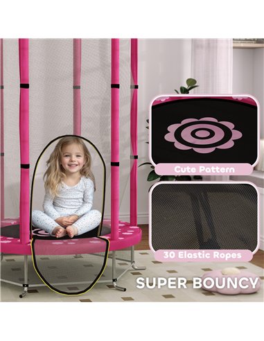 AIYAPLAY 4.6FT Toddler Trampoline w/ Safety Enclosure Net, for Indoor Outdoor Use, Ages 3-6 Years, Sun Pattern - Pink