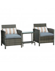 Outsunny 3 Pieces PE Rattan Bistro Set with Armchairs and Two-tier Side Table, Grey