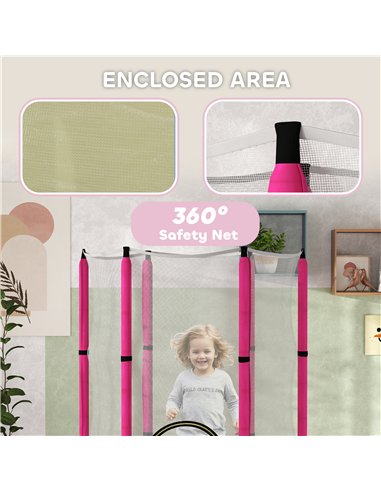 AIYAPLAY 4.6FT Toddler Trampoline w/ Safety Enclosure Net, for Indoor Outdoor Use, Ages 3-6 Years, Sun Pattern - Pink