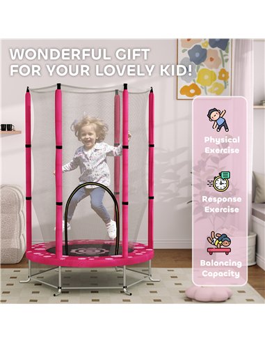 AIYAPLAY 4.6FT Toddler Trampoline w/ Safety Enclosure Net, for Indoor Outdoor Use, Ages 3-6 Years, Sun Pattern - Pink