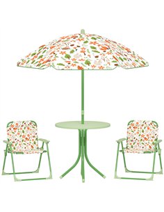 AIYAPLAY 4 Pieces Kids Garden Table and Chair Set with Adjustable Parasol, Folding Chairs, Table, Fox Pattern, Green