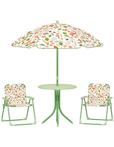 AIYAPLAY 4 Pieces Kids Garden Table and Chair Set with Adjustable Parasol, Folding Chairs, Table, Fox Pattern, Green - pic 155094 | FastDaddyshop