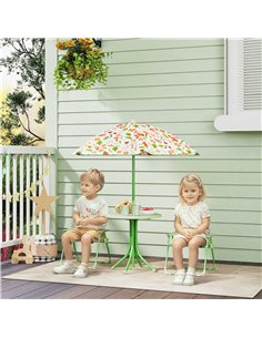 AIYAPLAY 4 Pieces Kids Garden Table and Chair Set with Adjustable Parasol, Folding Chairs, Table, Fox Pattern, Green 2