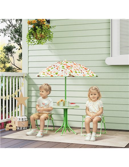 AIYAPLAY 4 Pieces Kids Garden Table and Chair Set with Adjustable Parasol, Folding Chairs, Table, Fox Pattern, Green - pic 155095 | FastDaddyshop