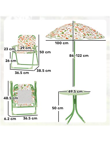 AIYAPLAY 4 Pieces Kids Garden Table and Chair Set with Adjustable Parasol, Folding Chairs, Table, Fox Pattern, Green