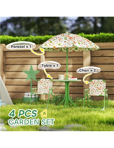 AIYAPLAY 4 Pieces Kids Garden Table and Chair Set with Adjustable Parasol, Folding Chairs, Table, Fox Pattern, Green